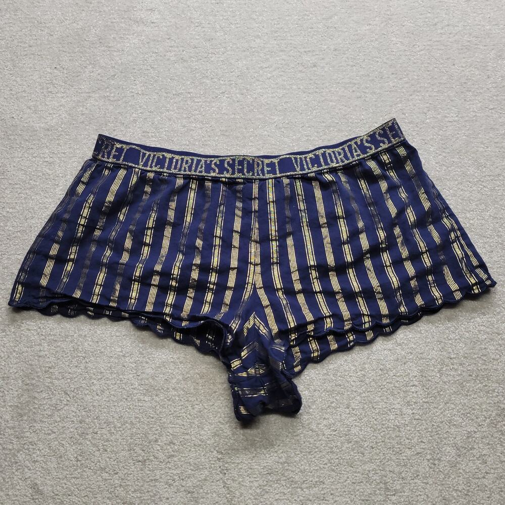 Victoria's Secret Womens L Sleep Shorts Navy Blue Gold Metallic Striped